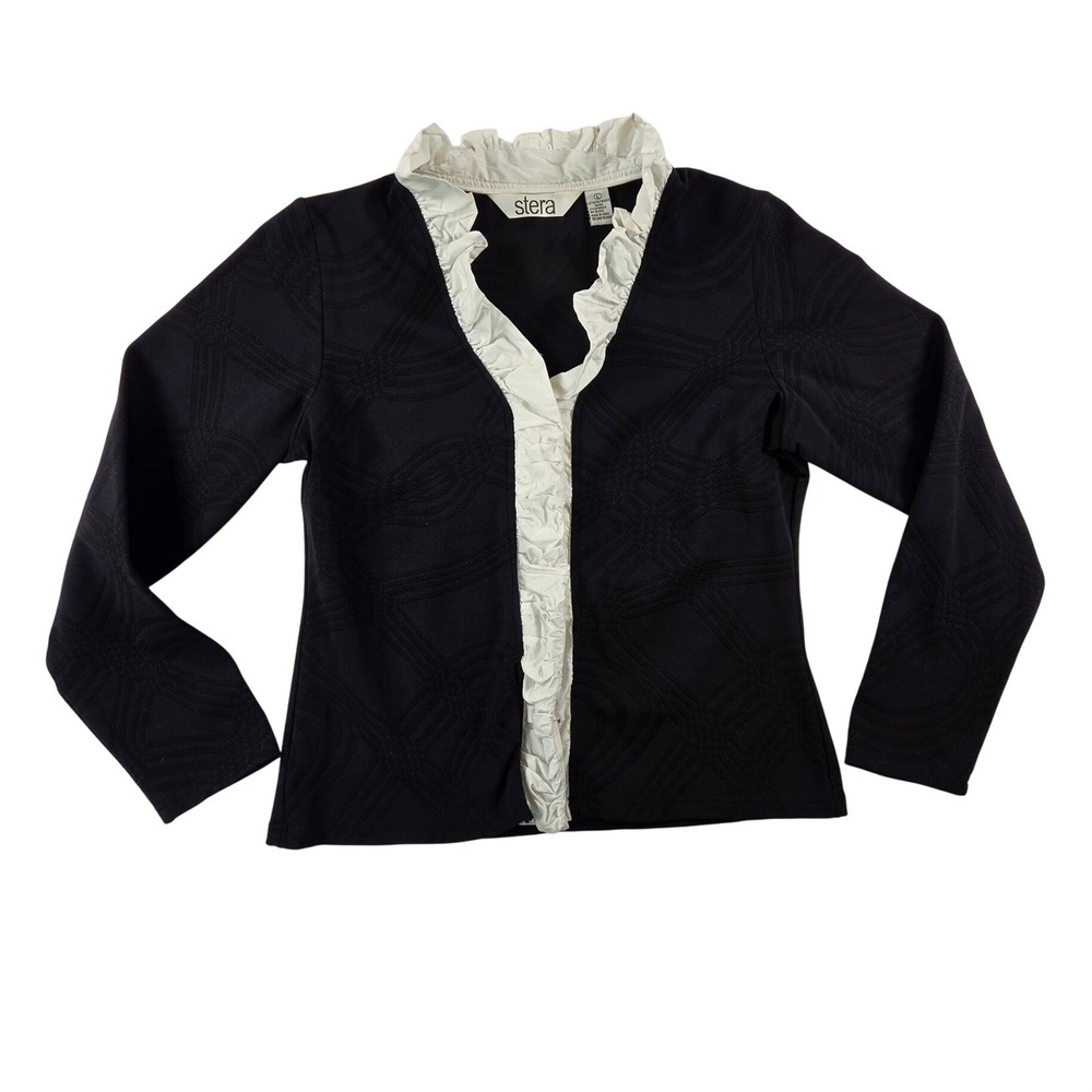 Stera Women Career Work Black Zip Up Long Sleeve Blouse White Ruffle Neckline L